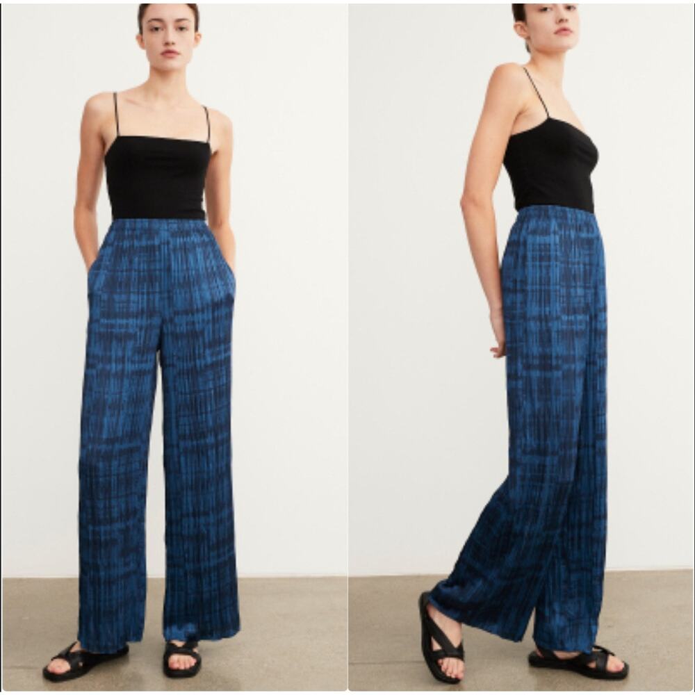 Vince Blue Pleated Wide-Leg Pants